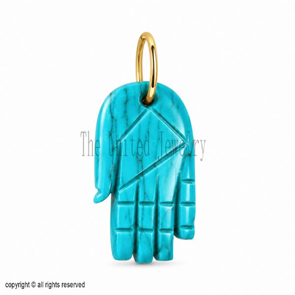 Turquoise Hand Pendant Gold, Hamsa Hand Charm, Evil Eye Protection Necklace