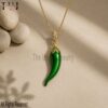 Gold Plated Sterling Silver Green Enamel Chilli Pendant, Italian Horn Lucky Charm Necklace