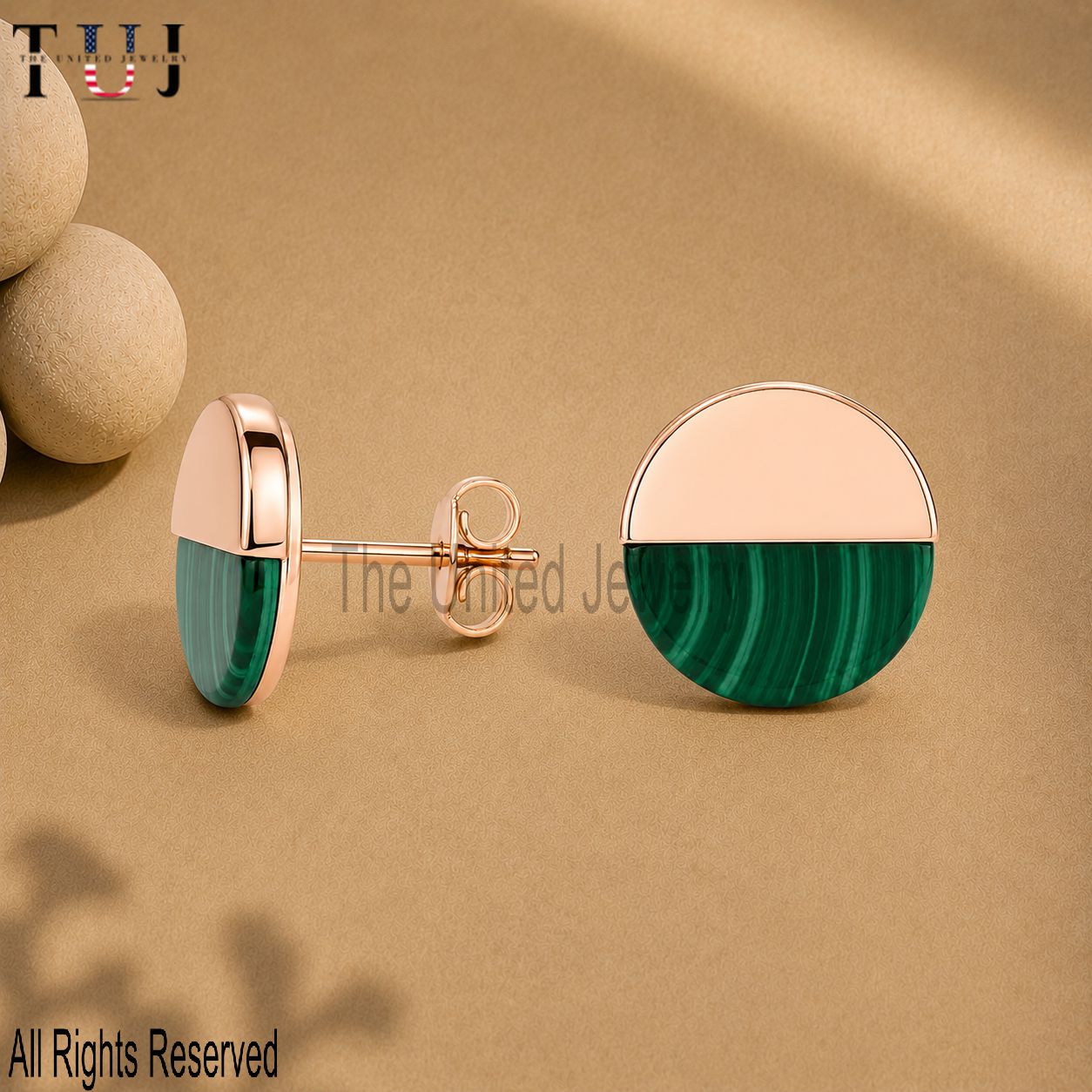 Sterling Silver Malachite Half Moon Earrings, Rose Gold Plated Geometric Studs