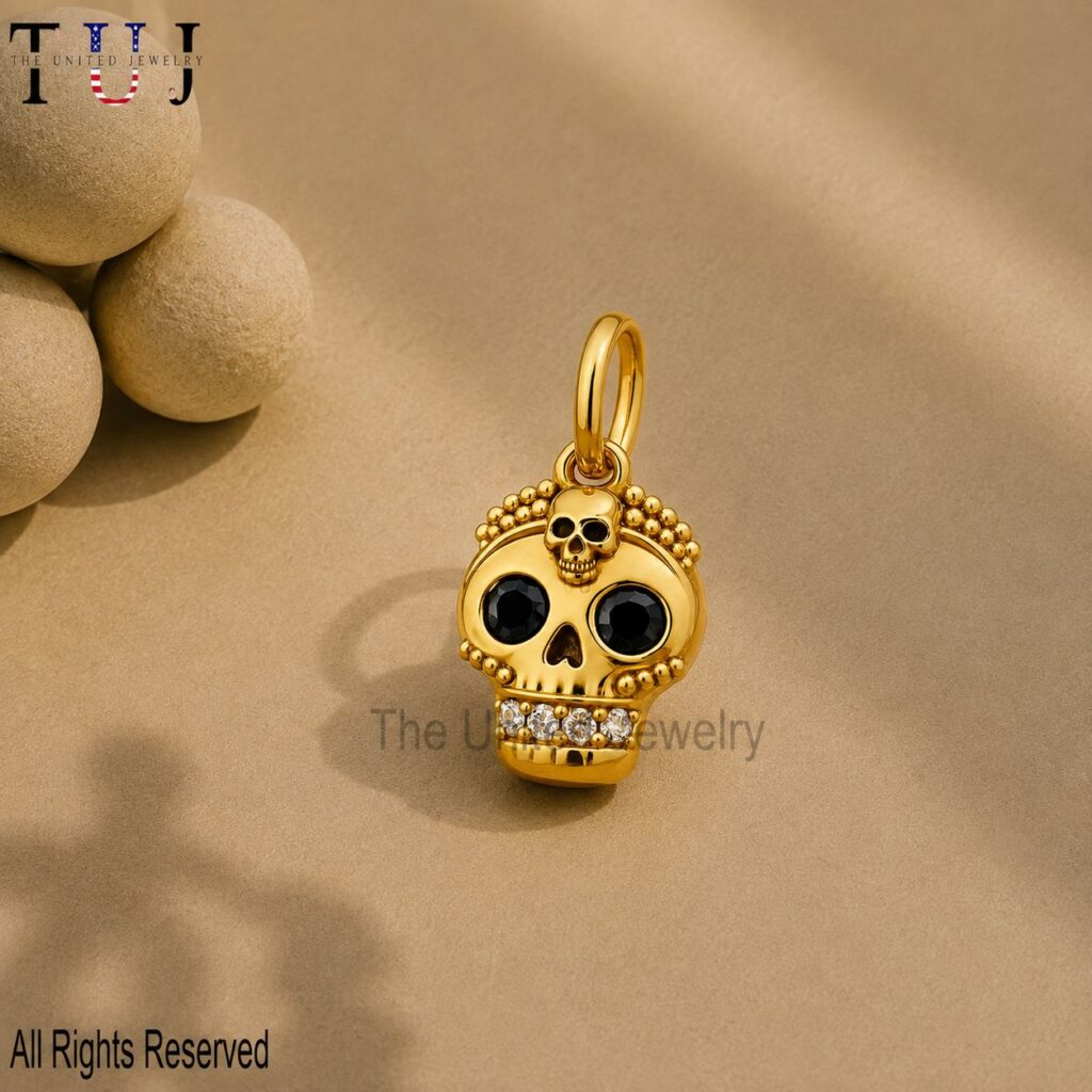 Gold Plated Sterling Silver Skull Pendant, Black CZ Eyes, Gothic Jewelry