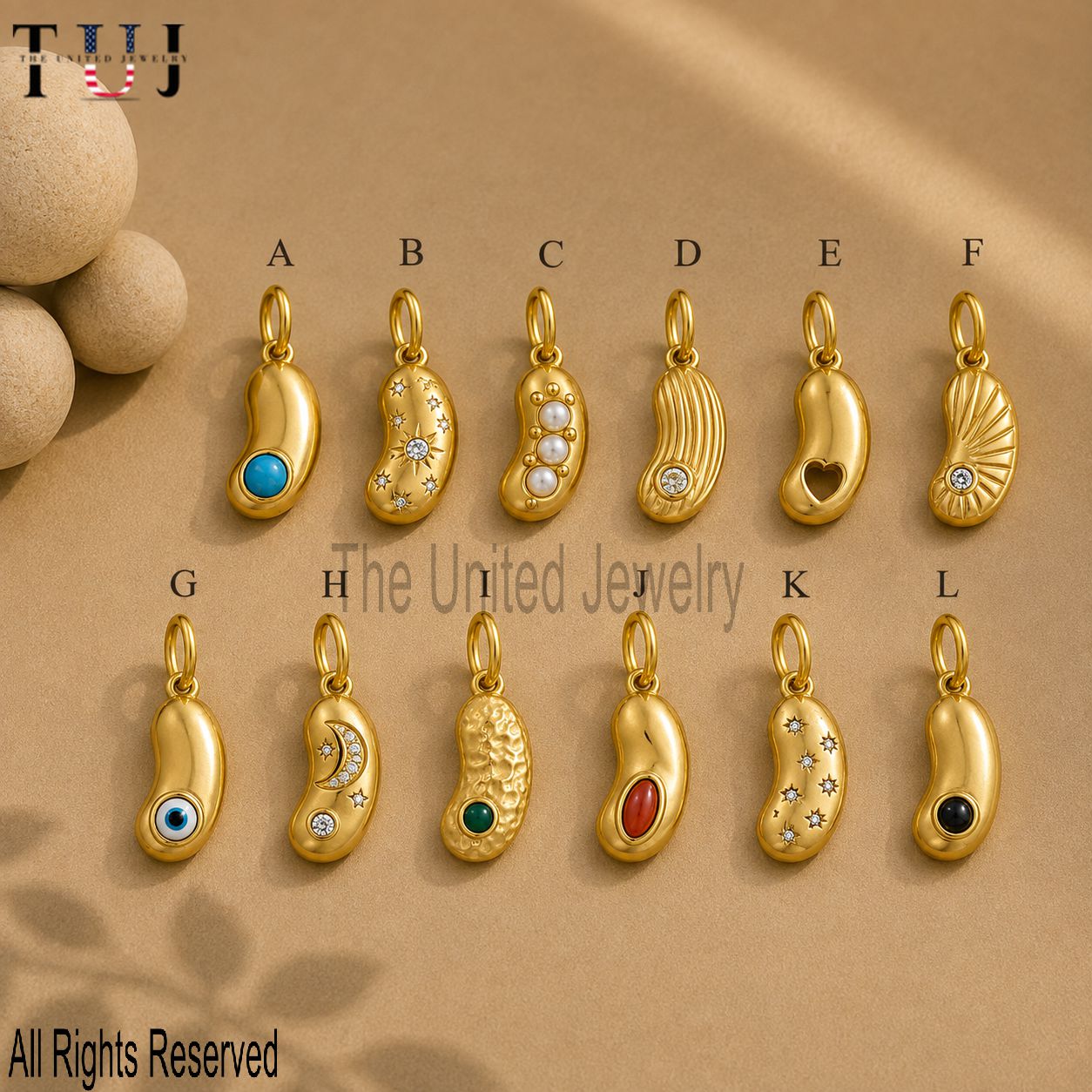 Gold Plated Sterling Silver Bean Charm Pendant, Organic Minimalist Jewelry