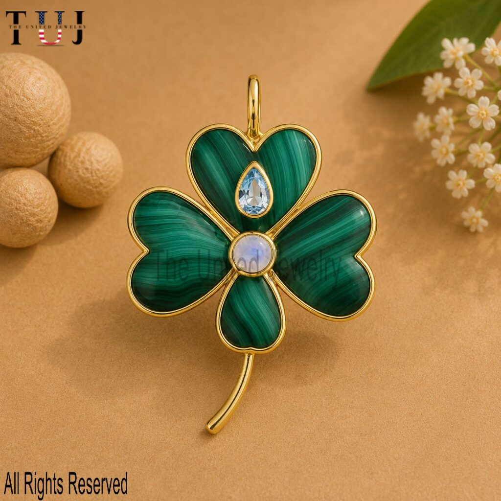 Gold Plated Sterling Silver Four Leaf Clover Pendant: Malachite, Topaz & Moonstone