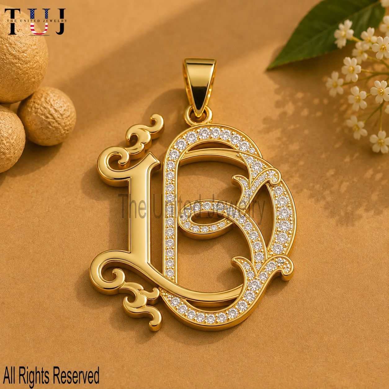 DB Moissanite Monogram Pendant, 925 Sterling Silver Gold-Plated Two-Letter Initial Charm