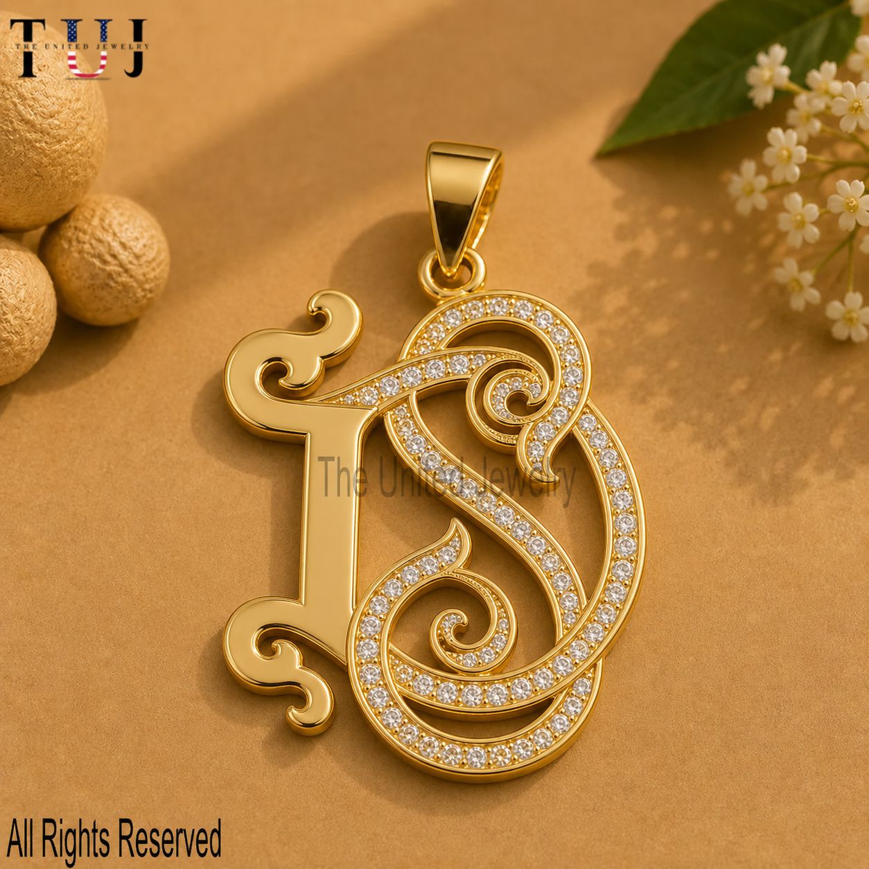 DS Moissanite Monogram Pendant, 925 Sterling Silver Gold-Plated Two-Letter Initial Charm