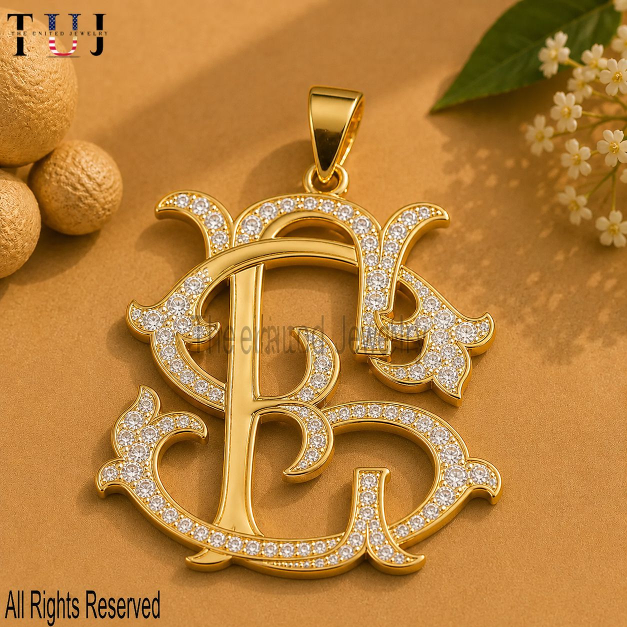 ES Moissanite Monogram Pendant, 925 Sterling Silver Gold-Plated Two-Letter Initial Charm