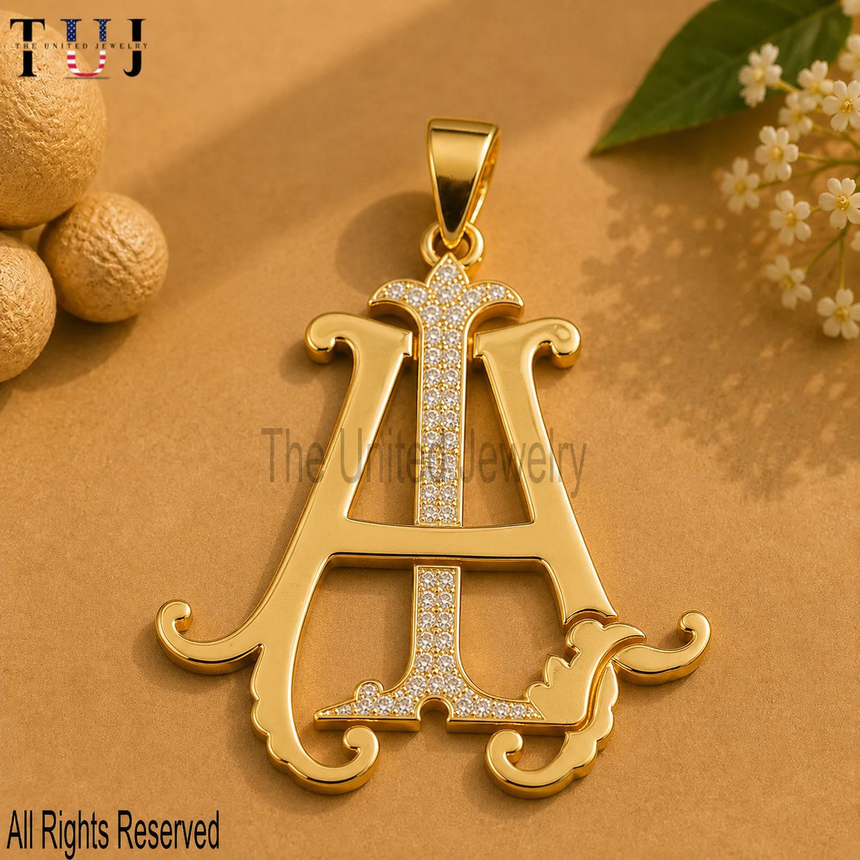 AL Moissanite Monogram Pendant, 925 Sterling Silver Gold-Plated Two-Letter Initial Charm