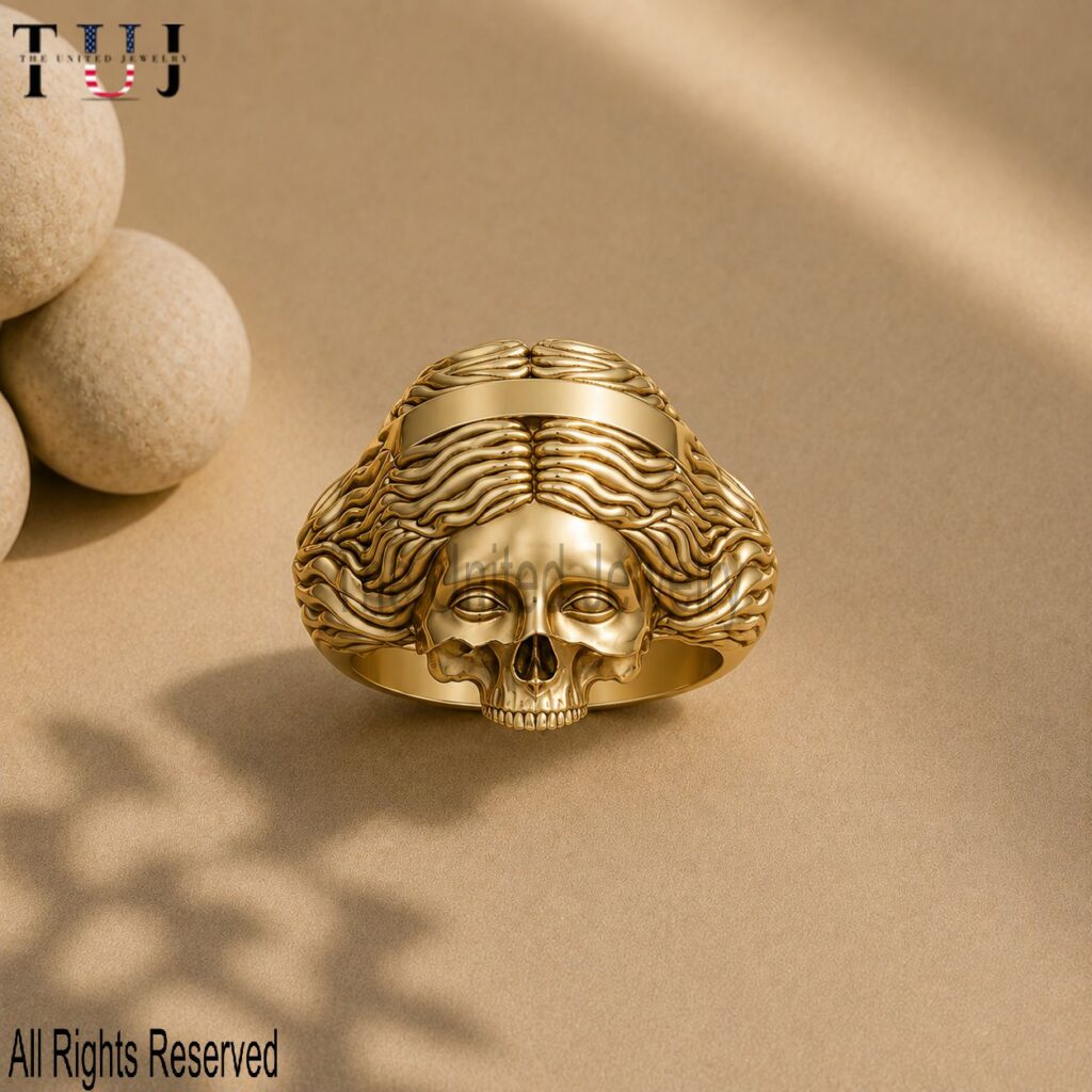 925 Sterling Silver Skull Ring, Gold Plated Woman Skull Ring, Gothic Medusa Style Ring, Memento Mori Jewelry