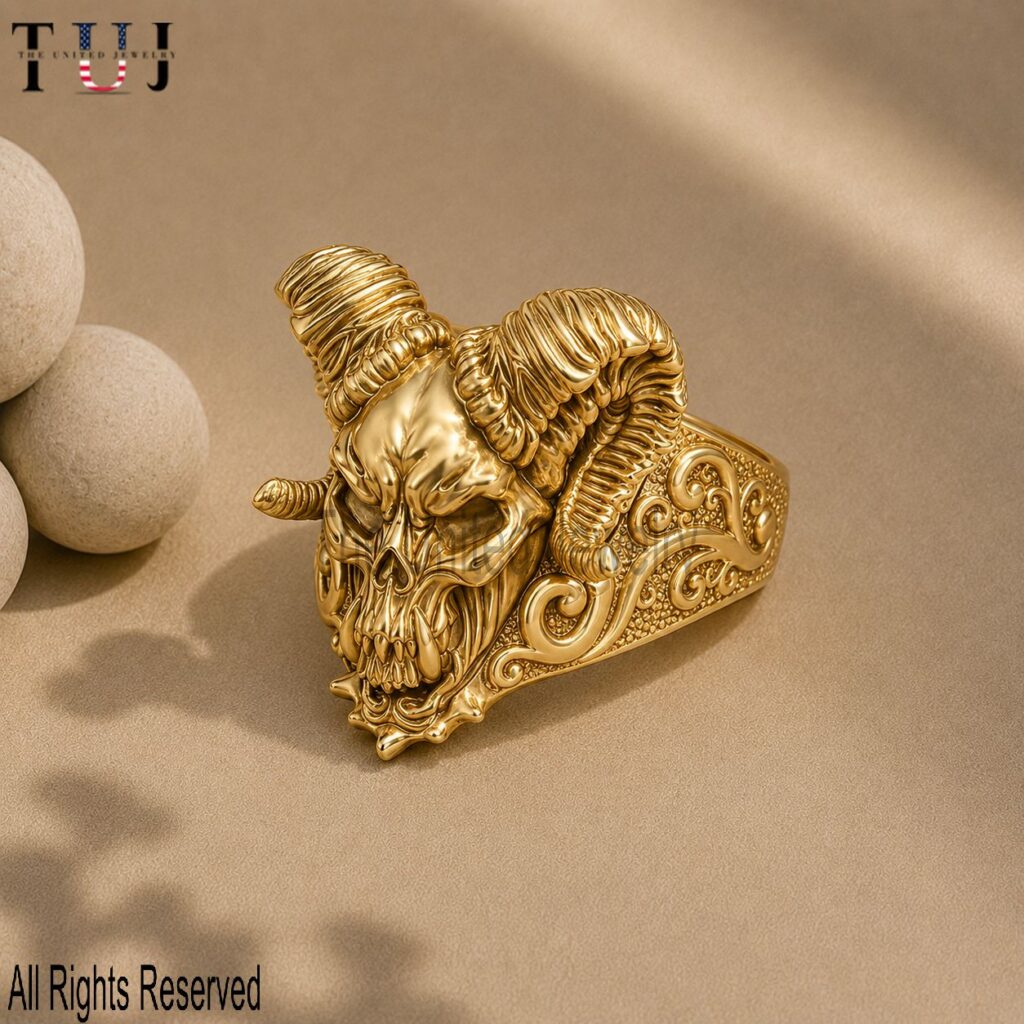 Ram Skull Ring, 925 Sterling Silver Horned Skull Ring, Gothic Biker Ring for Men, Demon Skull Statement Ring