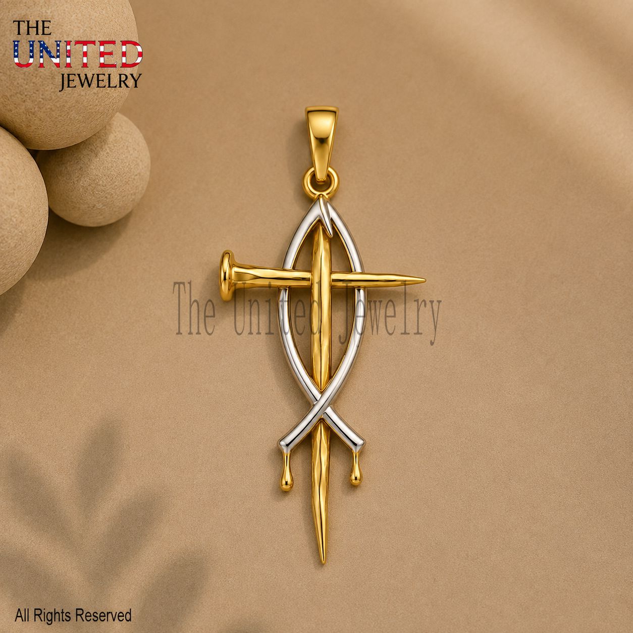 Sterling Silver Cross Fish Sword Pendant, Two Tone Faith Necklace