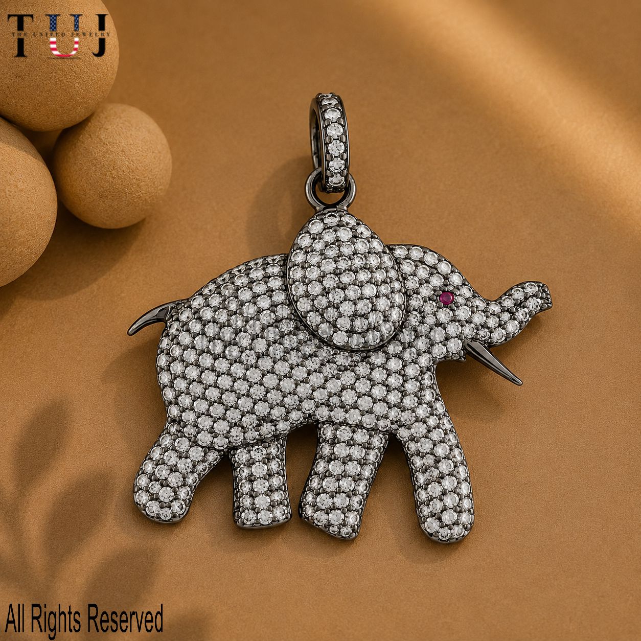 Ruby Eyed Pave Diamond Handmade 925 Silver Designer Elephant Charm Pendant