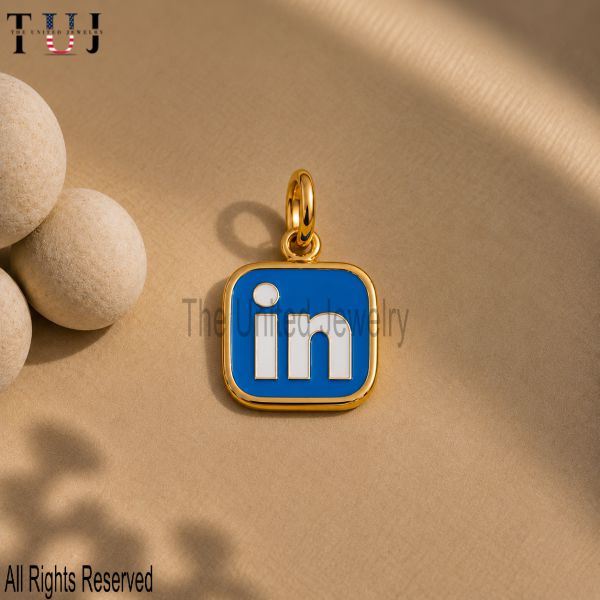 925 Sterling Silver LinkedIn Logo Enamel Charm Pendant, Blue Social Media Jewelry