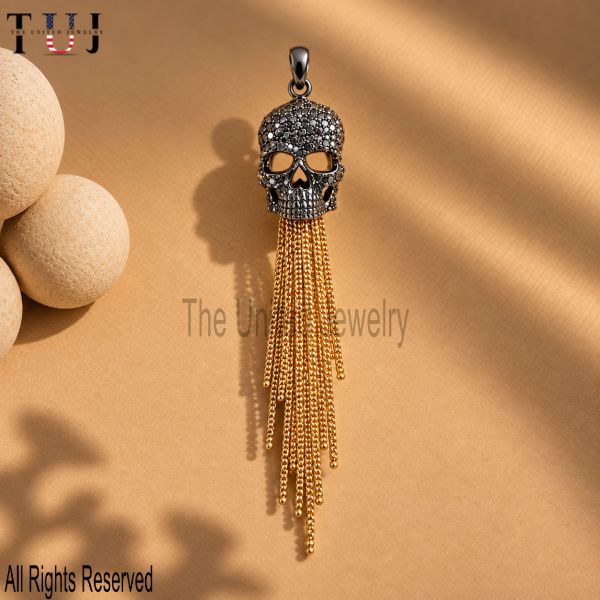 925 Sterling Silver Skull Tassel Pendant, Black Rhodium Pavé Skull Charm, Gothic Chain Pendant