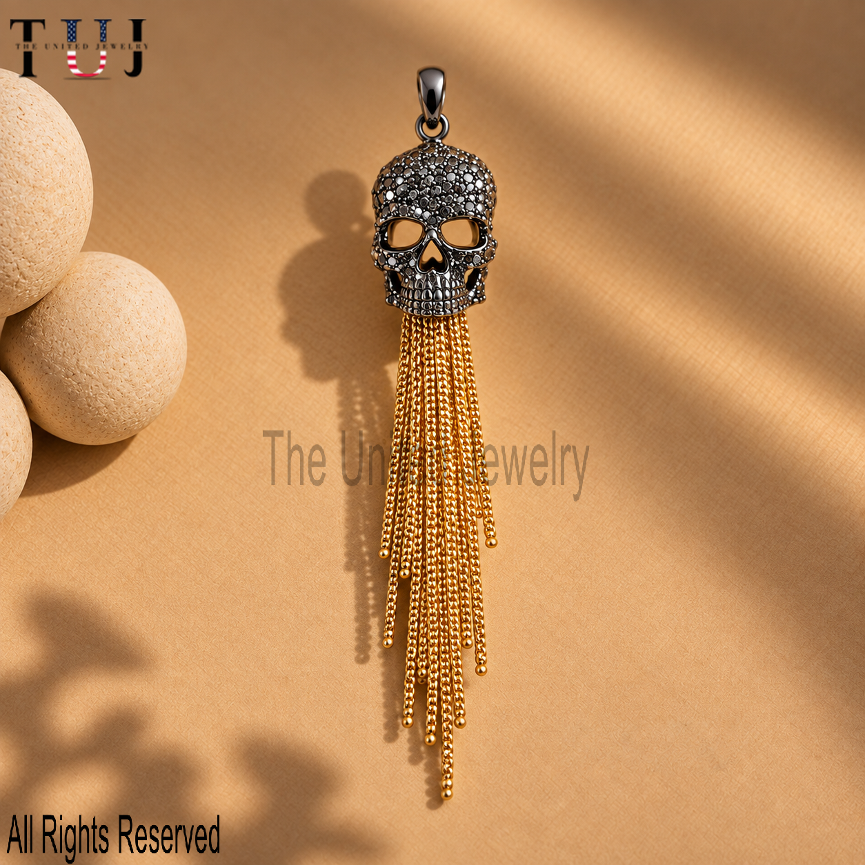 925 Sterling Silver Skull Tassel Pendant, Black Rhodium Pavé Skull Charm, Gothic Chain Pendant