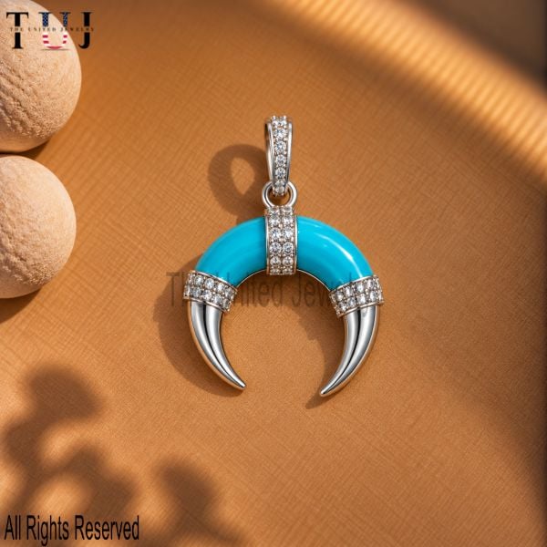 925 Sterling Silver Turquoise Crescent Pendant, Pavé Double Horn Charm, Gemstone Tusk Pendant