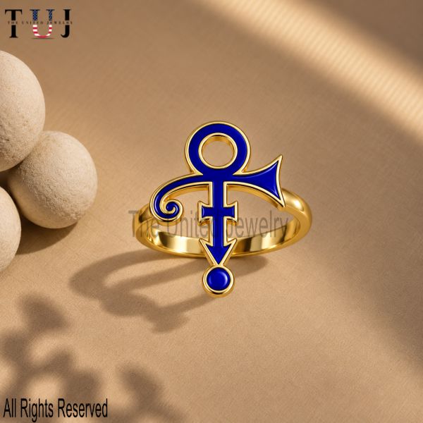 925 Sterling Silver Love Symbol Ring, Blue Enamel Gold Plated Ring, Unisex Statement Jewelry