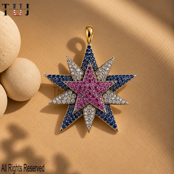 925 Sterling Silver Multicolor Star Pendant, Pavé Celestial Starburst Charm, Statement Jewelry