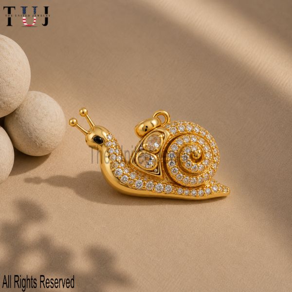 925 Sterling Silver Snail Pendant, Pavé Snail Charm, Gold Plated Animal Jewelry, Nature Pendant