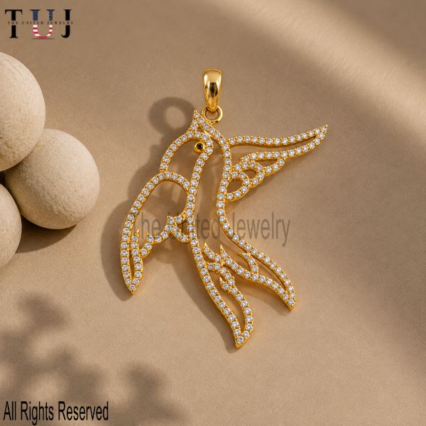 925 Sterling Silver Pavé Bird Pendant, Gold Plated Flying Bird Charm, Statement Animal Jewelry