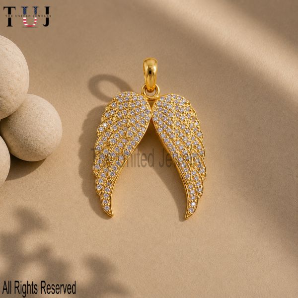 925 Sterling Silver Angel Wings Pendant, Pavé Wing Charm, Gold Plated Celestial Jewelry