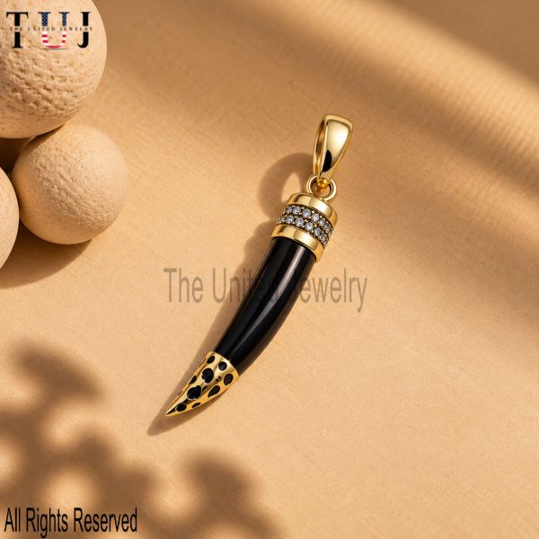 925 Sterling Silver Black Onyx Tusk Pendant, Gold Plated Horn Charm, Pavé Gemstone Pendant