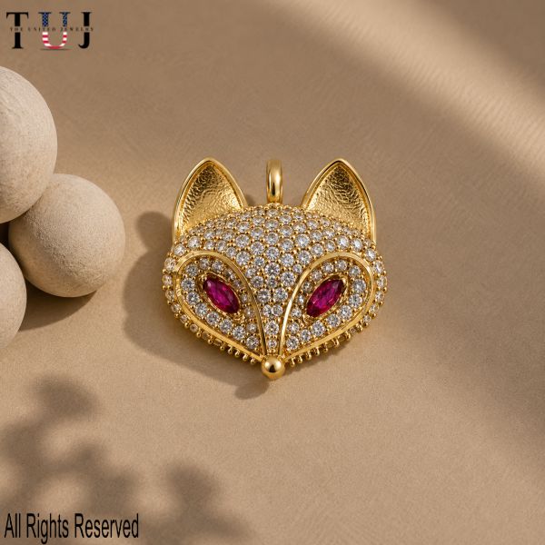 925 Sterling Silver Fox Pendant, Gold Plated Pave Fox Head Charm, Pink Stone Eyes, Woodland Animal Jewelry Gift