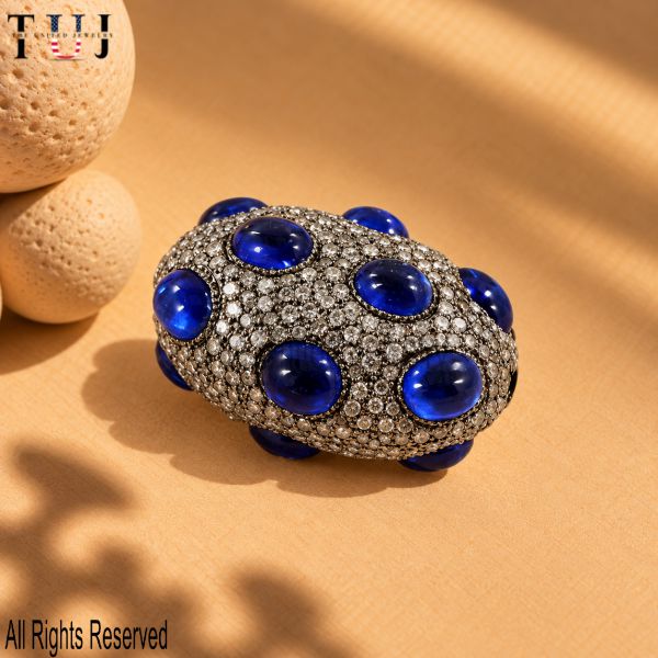925 Sterling Silver Blue Cabochon Bead Finding, Pavé Oval Spacer Bead, Jewelry Making Supply