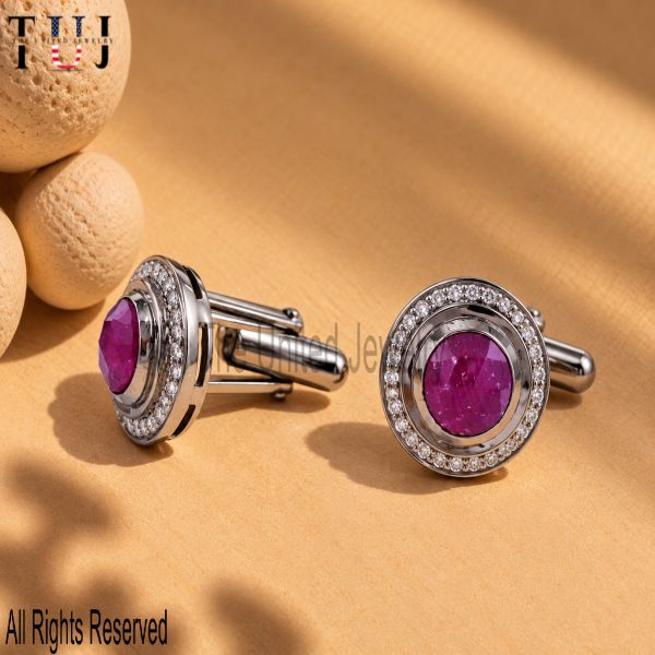925 Sterling Silver Ruby Cufflinks, Round Pavé Gemstone Cuff Links, Luxury Men’s Jewelry