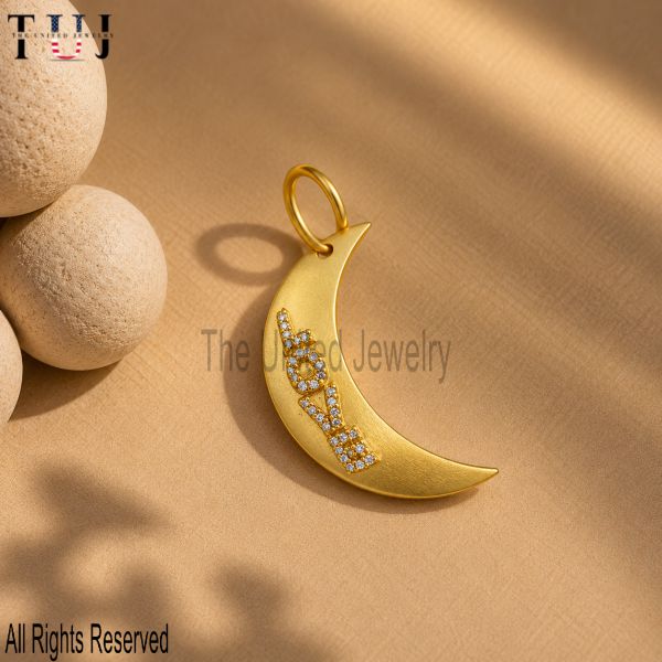 925 Sterling Silver Moon Pendant, LOVE Crescent Moon Charm, Gold Plated Pavé Pendant, Celestial Jewelry