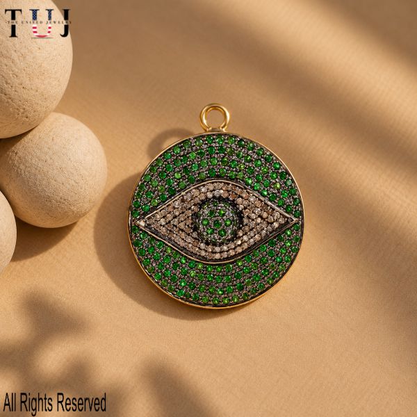 925 Sterling Silver Green Evil Eye Pendant, Pavé Gemstone Eye Charm, Protection Talisman Pendant, Handmade Statement Jewelry