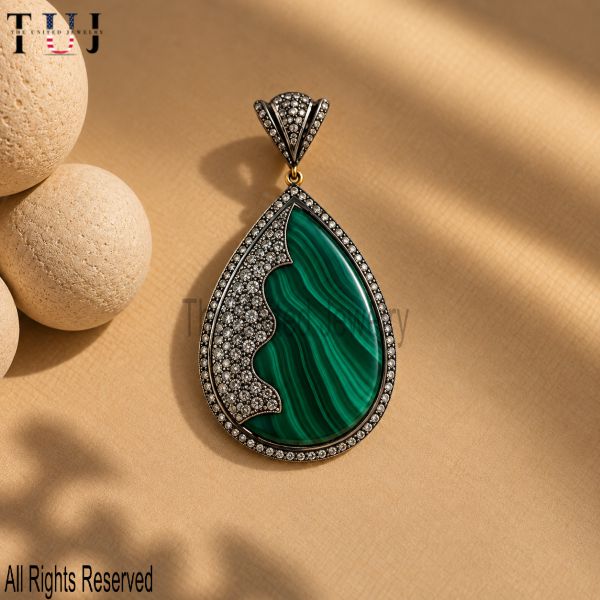 925 Sterling Silver Malachite Teardrop Pendant, Pavé Stone Gemstone Pendant, Statement Jewelry