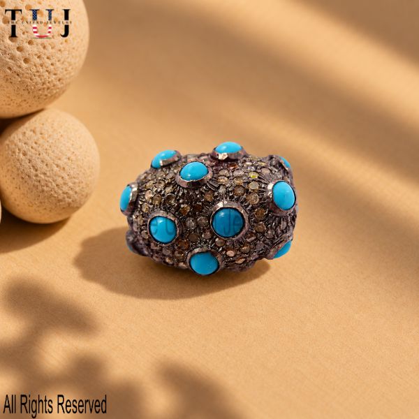 925 Sterling Silver Turquoise Bead Finding, Pavé Gemstone Spacer Bead, Jewelry Making Finding