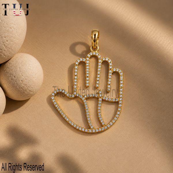 925 Sterling Silver Hamsa Hand Pendant, Pavé Hand of Fatima Charm, Gold Plated Protection Jewelry