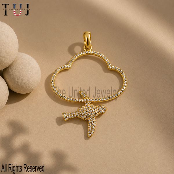 925 Sterling Silver Bird Pendant, Pavé Bird & Cloud Charm, Gold Plated Statement Jewelry