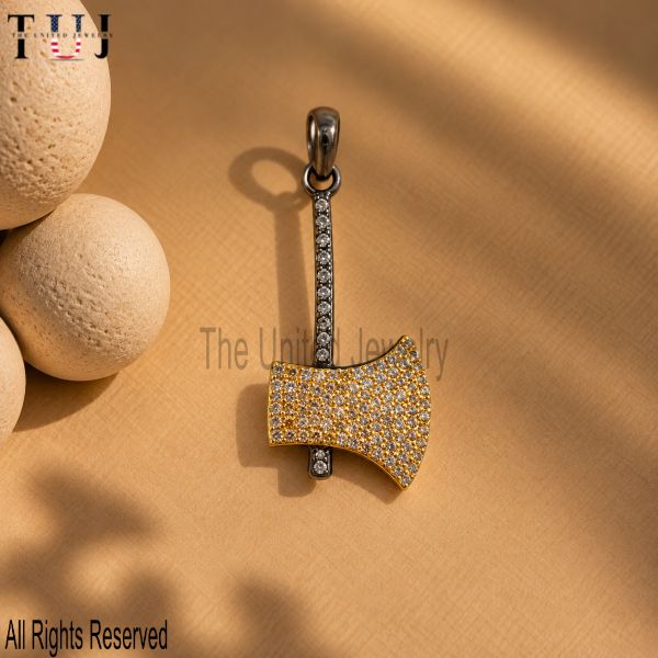 925 Sterling Silver Pavé Axe Pendant, Two Tone Gold Axe Charm, Statement Tool Pendant