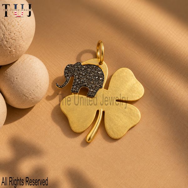 Sterling Silver Elephant Clover Pendant, Black Pavé Charm, Lucky Symbol Jewelry