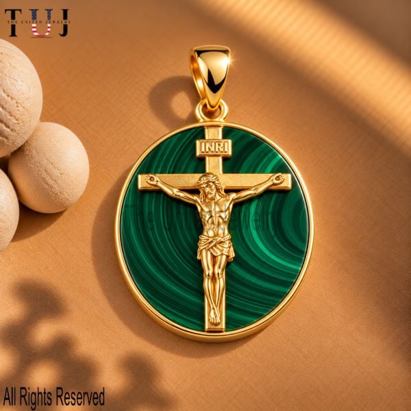 Gold Plated Sterling Silver Malachite Crucifix Pendant - Christian Jewelry