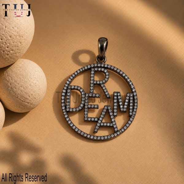 925 Sterling Silver DREAM Pendant, Pavé Letter Charm, Black Rhodium Inspirational Word Jewelry
