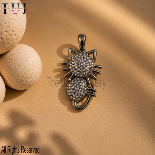 925 Sterling Silver Pavé Cat Pendant, Black Rhodium Cat Charm, Sparkling Animal Jewelry
