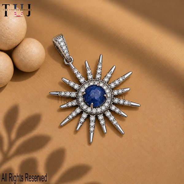 Natural Pave Diamond Starburst Charm 925 Sterling Silver Blue Sapphire Pendant