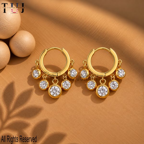 925 Sterling Silver Charm Hoop Earrings, White Stone Dangle Hoops, Gold Plated Bezel Drop Earrings, Minimalist Jewelry