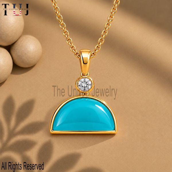 Turquoise Pendant, 925 Sterling Silver Half Moon Pendant, Gold Plated Turquoise Charm, Gemstone Jewelry, Handmade Pendant Gift