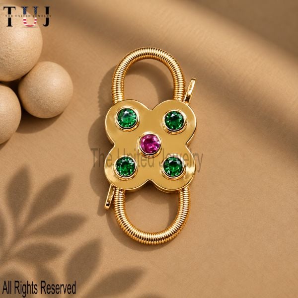 Sterling Silver Flower Clasp, Green Tsavorite Pink Gemstone Carabiner, Necklace Bracelet Connector