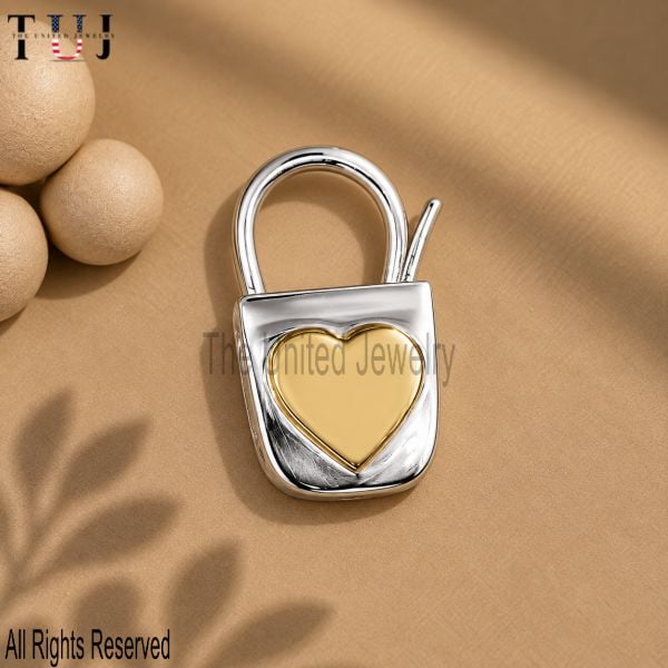 Sterling Silver Heart Padlock Clasp, Two-Tone Gold Carabiner Connector