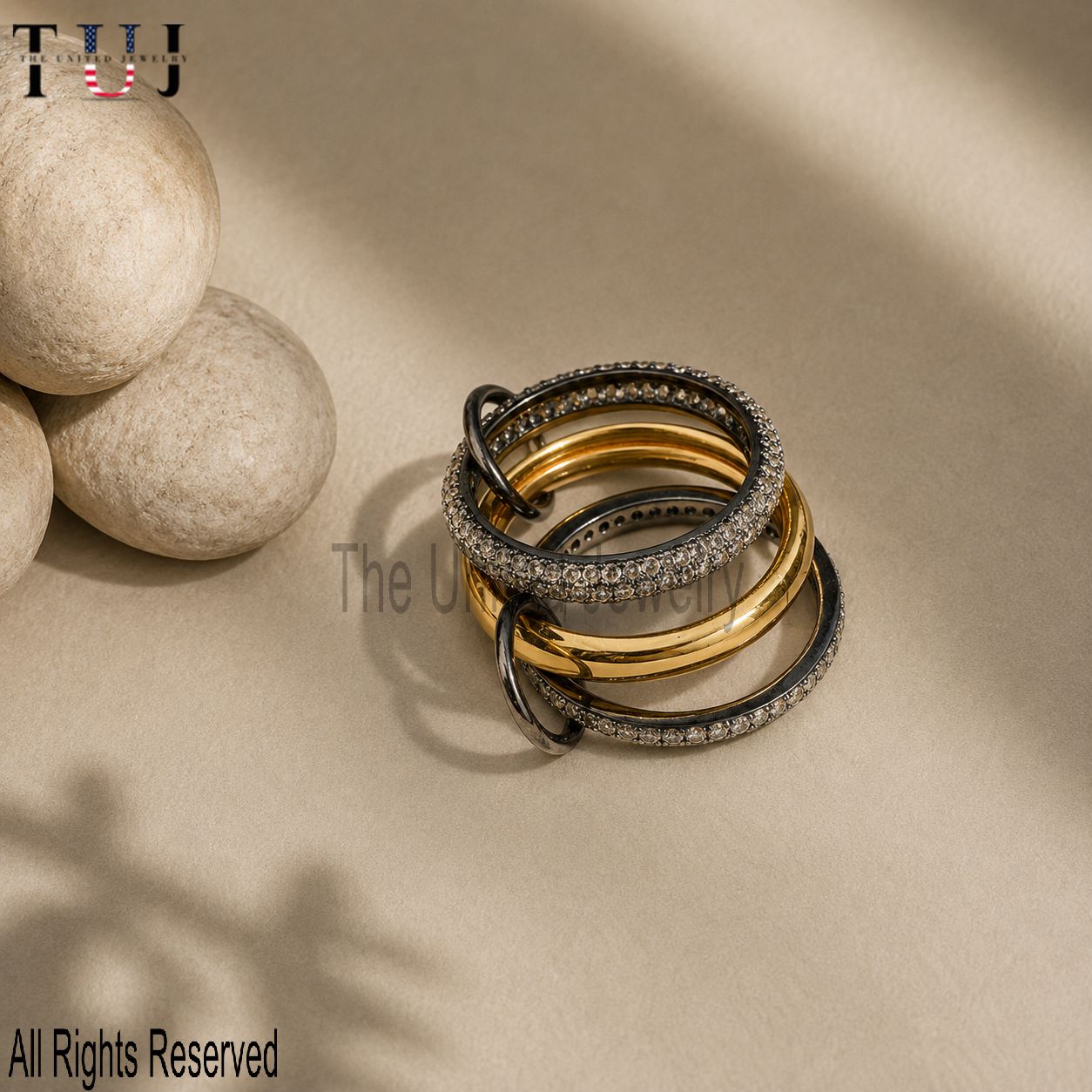 925 Sterling Silver Multi Band Natural Diamond Ring, Gold Plated Layered Stacking Ring