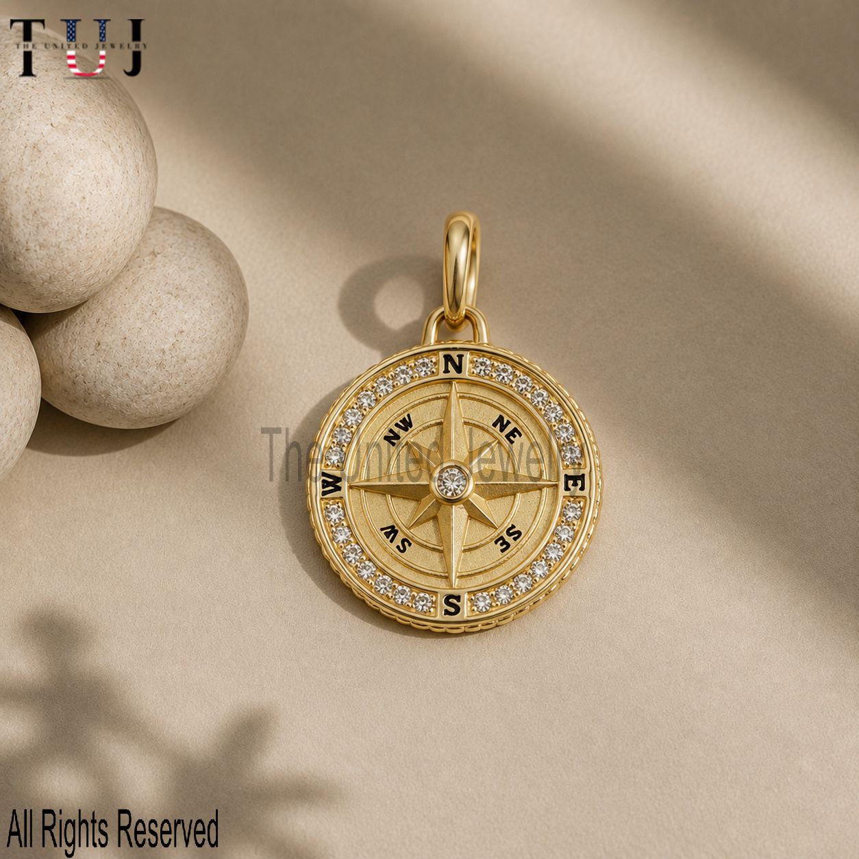 14k Gold Diamond Compass Charm Pendant, Yellow Gold Handmade Jewelry