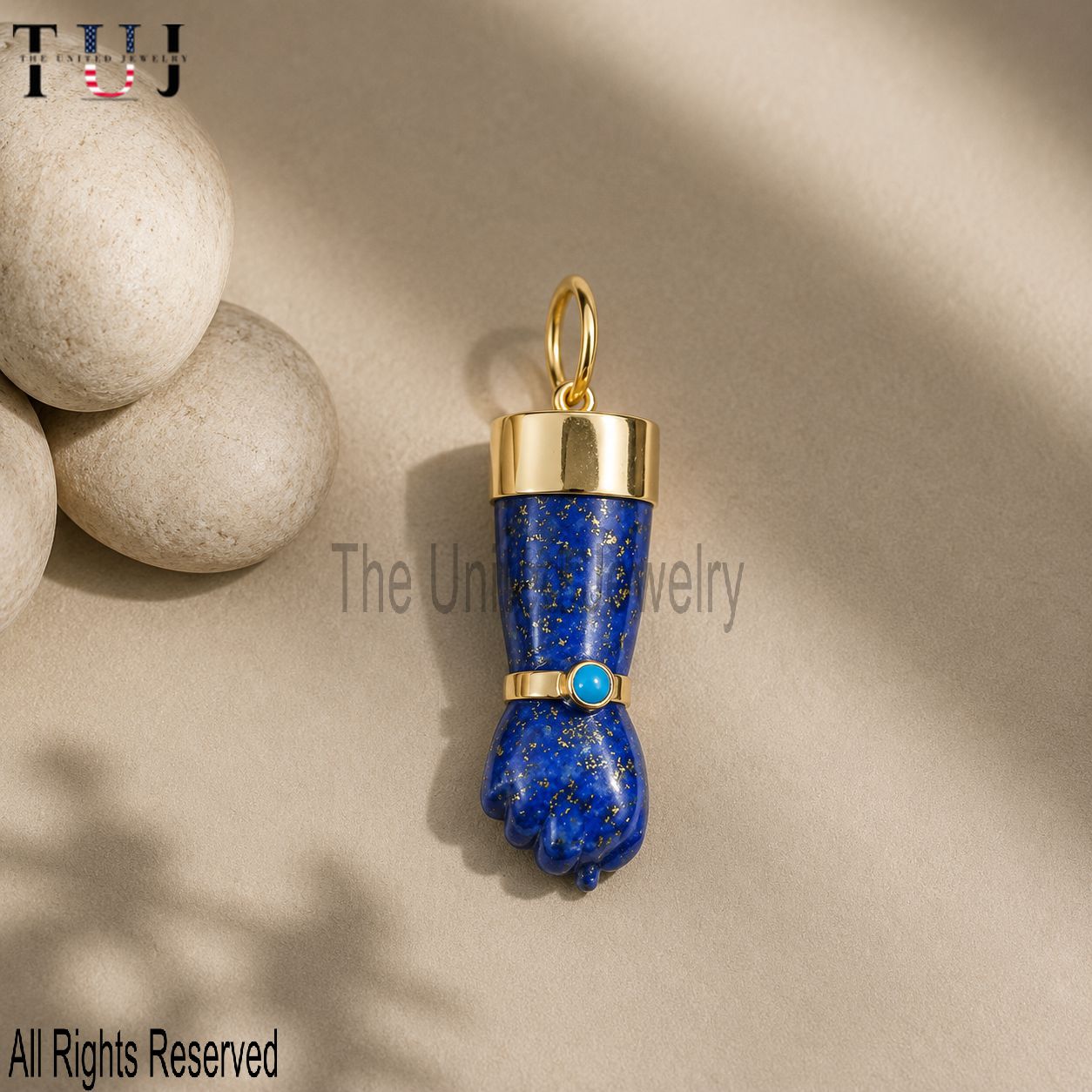 Lapis Lazuli Figa Hand Pendant Gold, Italian Mano Fico Charm, Evil Eye Protection Amulet