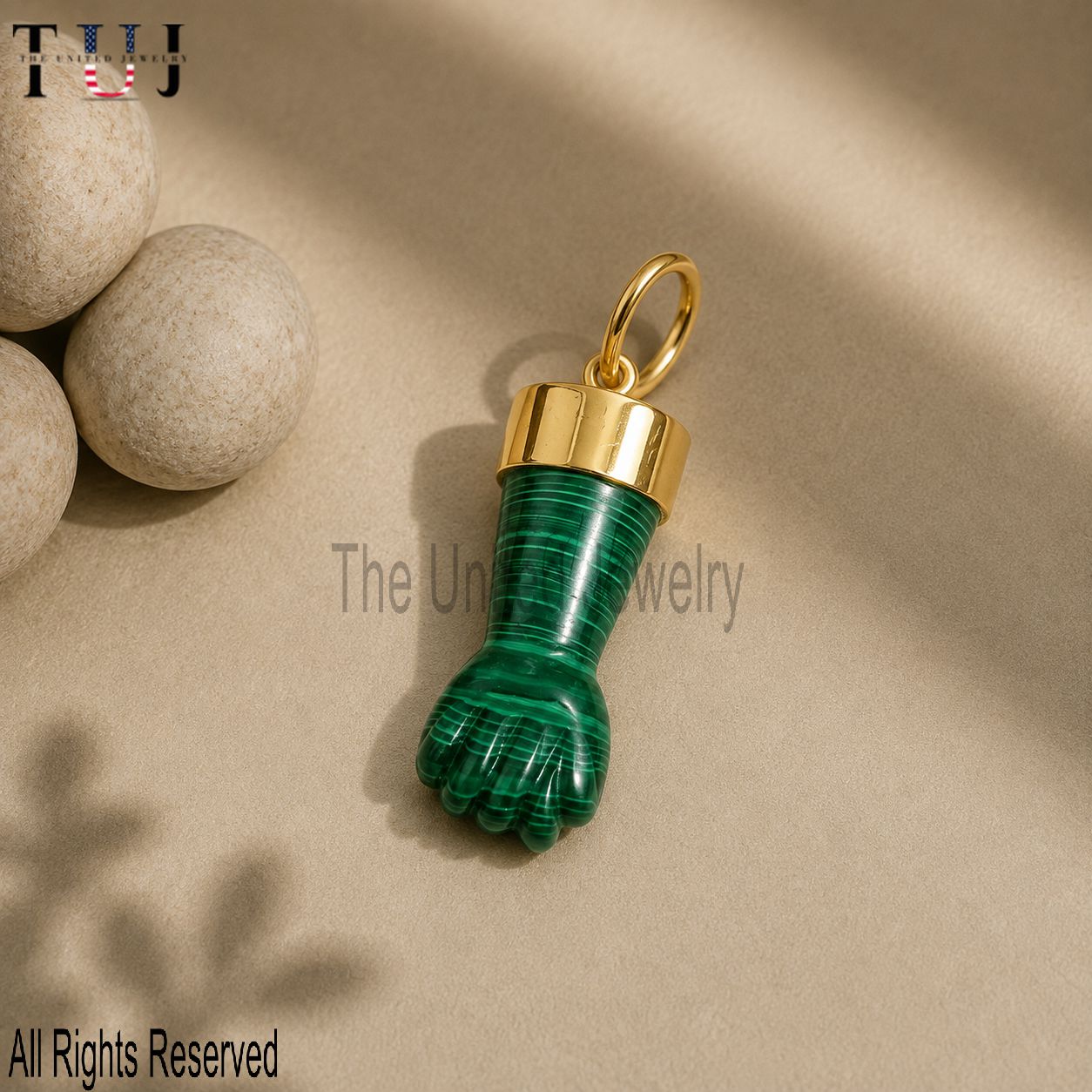 Green Malachite Figa Hand Pendant Gold, Italian Mano Fico Charm, Protection Amulet Necklace