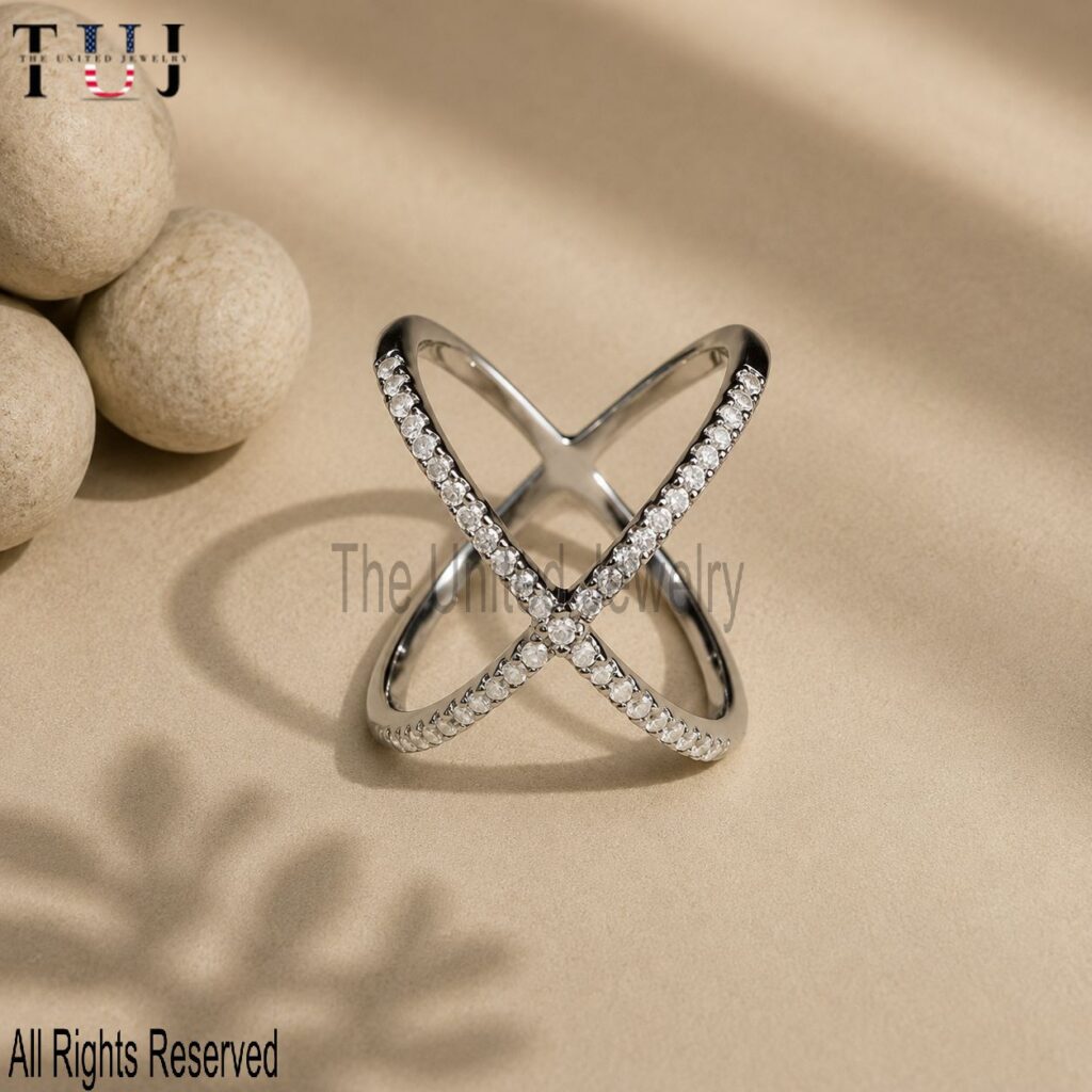 925 Sterling Silver Criss Cross Ring, Pavé Cubic Zirconia Crossover Statement Ring