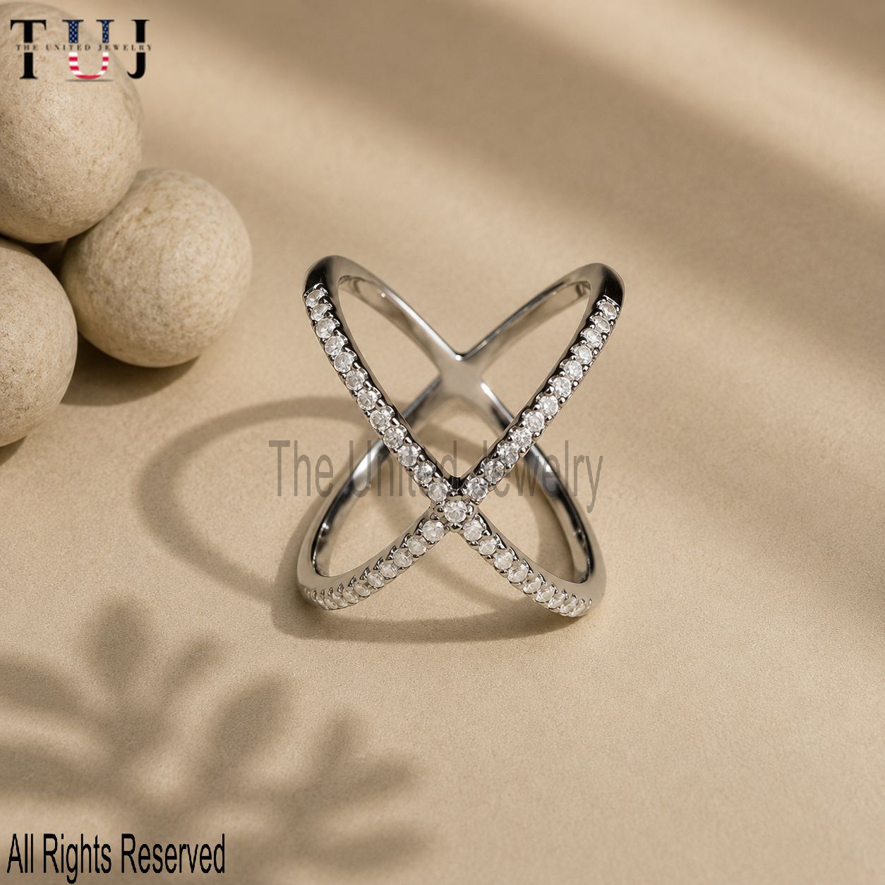 925 Sterling Silver Criss Cross Ring, Pavé Cubic Zirconia Crossover Statement Ring