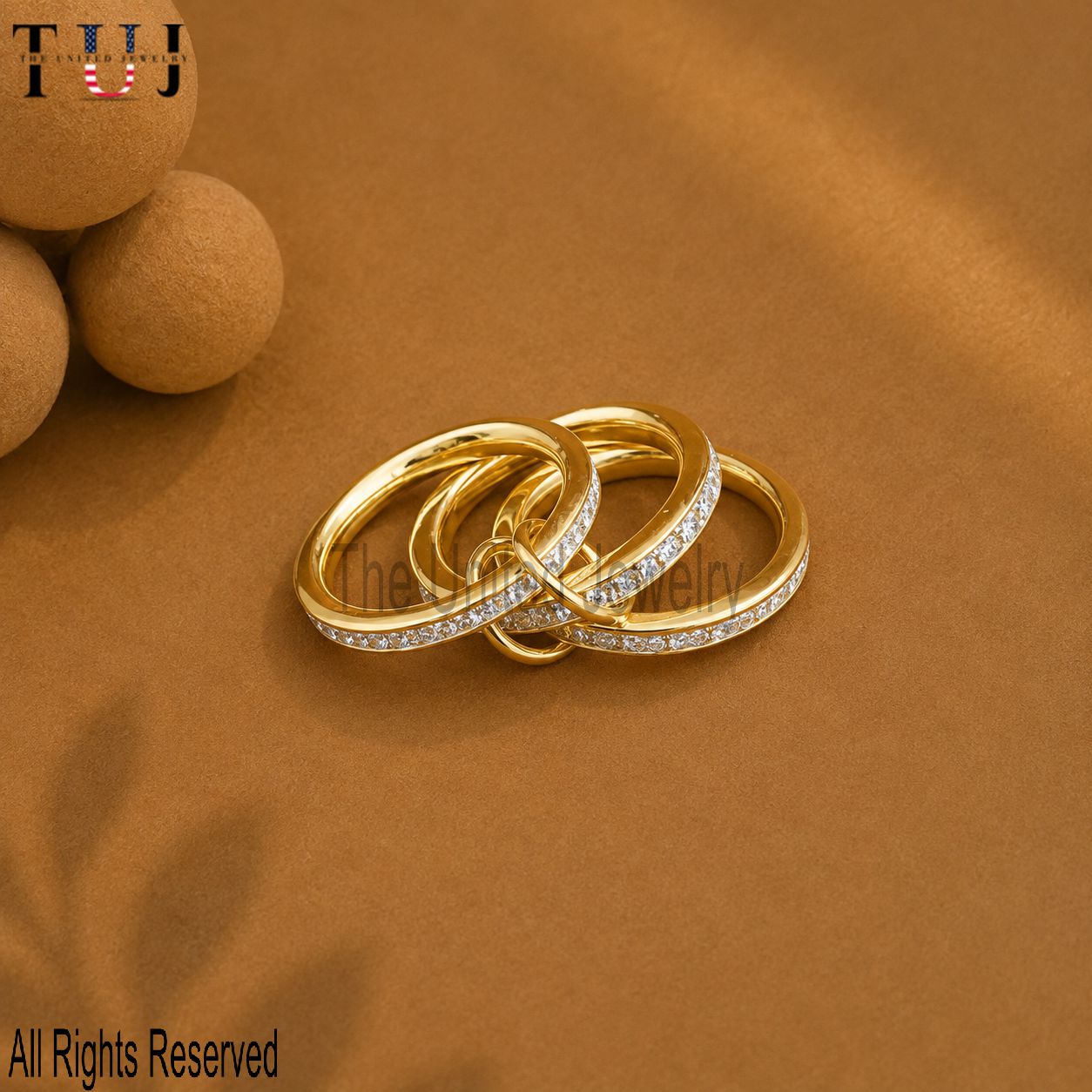 Sterling Silver Baguette Triple Band Connector Ring, Gold Vermeil Statement Stackable